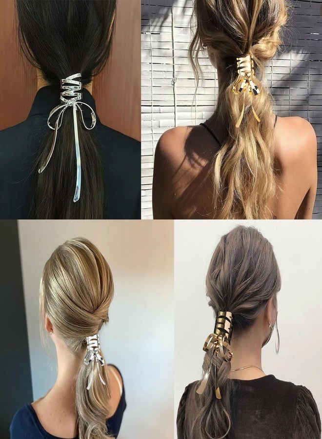 Ylapagne 2 PCS Bow Metal Hair Cuffs Fashionable Silver and Gold Metal Ponytail Cuffs Butterfly Bowknot Medium Irregular Hair Clips for Low Ponytail Holder - Image 4